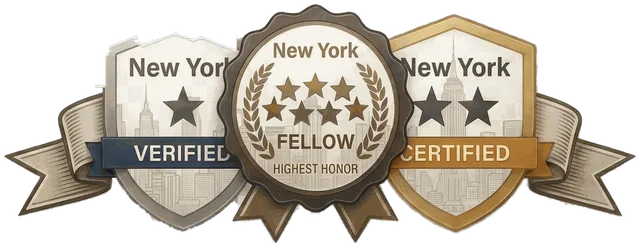 The three New York Investigators credential badges. Silver Verified, gold Certified and the Fellow rosette. Joined by a ribbon