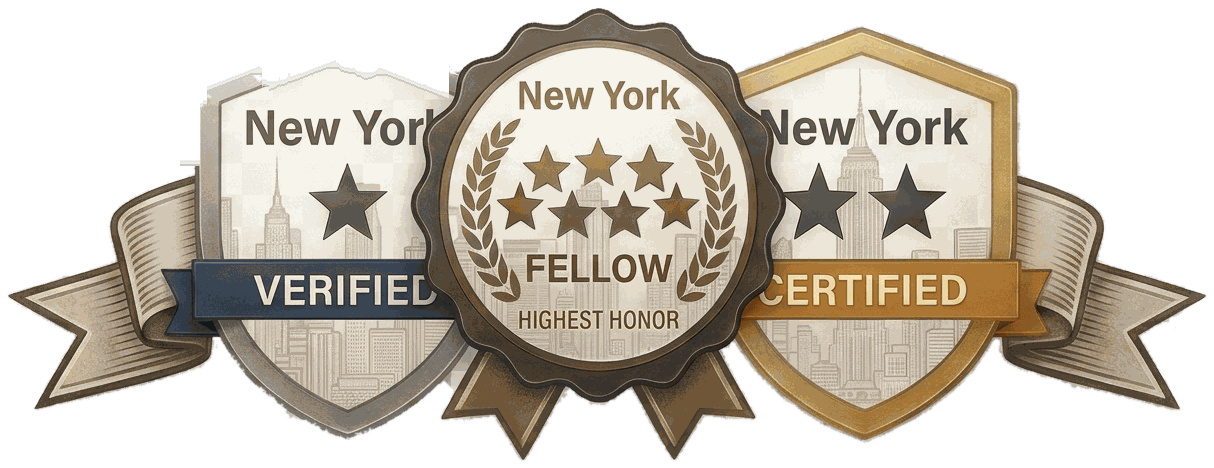 The three New York Investigators credential badges — silver Verified, gold Certified and the Fellow rosette — joined by a ribbon